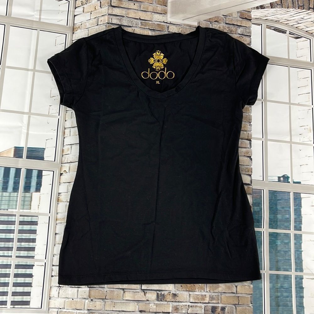 Women’s DODO Black V-Neck Cotton Stretchy Classic Short Sleeve T-shirt (XL) O13